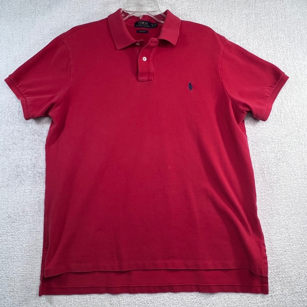 Polo Ralph Lauren Mens XL Custom Fit Red Short Sleeve Pique Polo Shirt Navy Pony